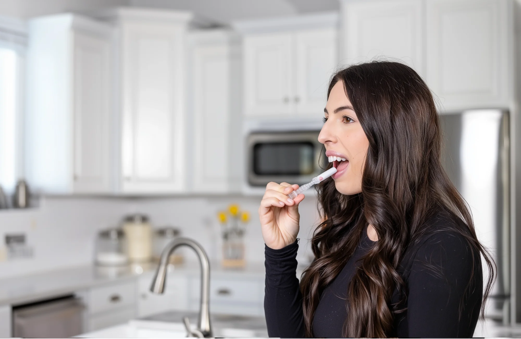 A woman taking a spit swab test orally